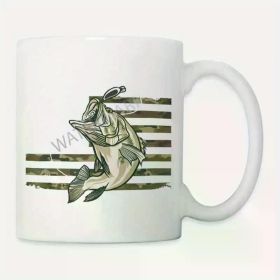 11oz American Flag Fishing Camo Ceramic Coffee Mug - White with Brown, Green & Black Striped Design, Perfect for